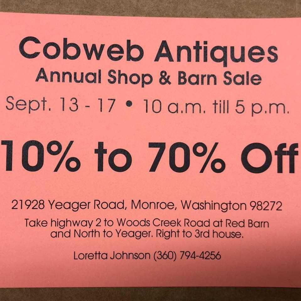 Pink sale flyer: Cobweb Antiques Annual Shop & Barn Sale, Sept. 13 - 17, 10 a.m. till 5 p.m., 10% to 70% Off